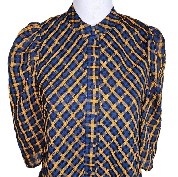 Eva Franco Anthropologie Textured Blue Yellow Plaid Blouse Size 2 Puff Sleeves - Picture 3 of 16